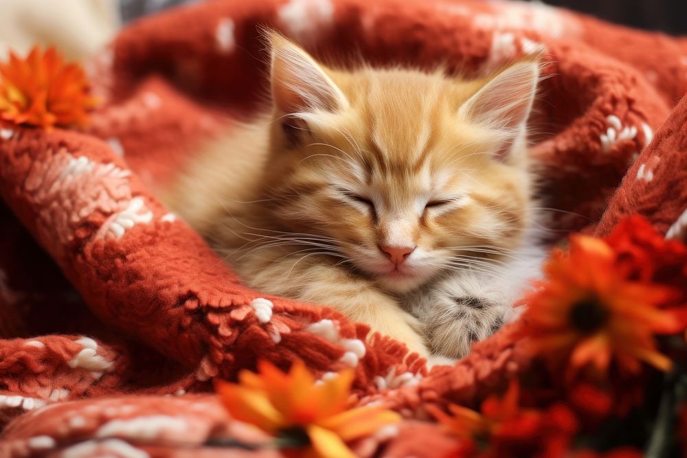 Cute kitten blanket sleeping animal. 