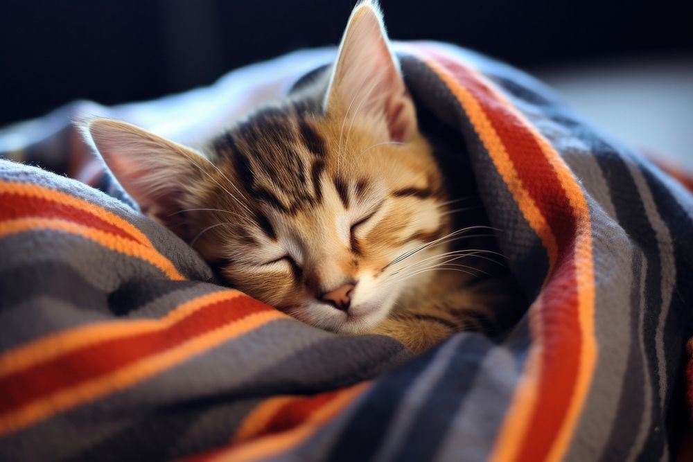 Cute kitten blanket sleeping mammal. 