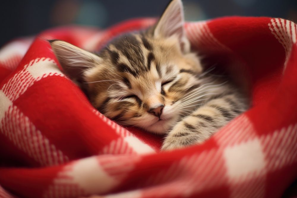 Cute kitten blanket sleeping striped. 