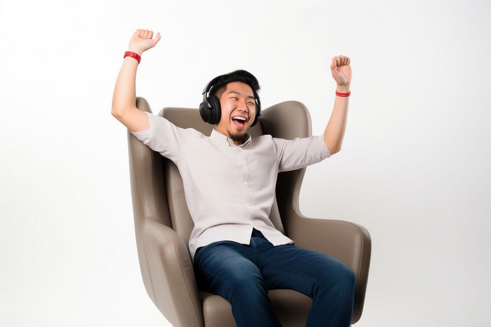 Wireless headphones chair furniture shouting. AI generated Image by rawpixel.