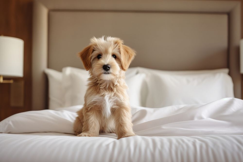Puppy on a bed, minimal photo. AI generated image by rawpixel.