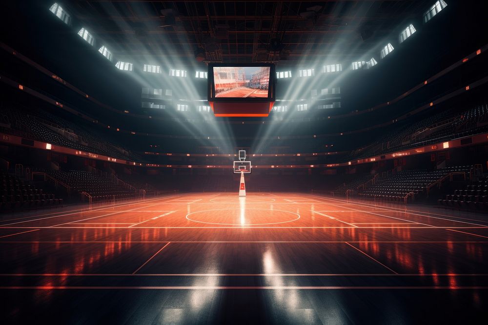 Basketball stadium illuminated architecture competition. AI generated Image by rawpixel.