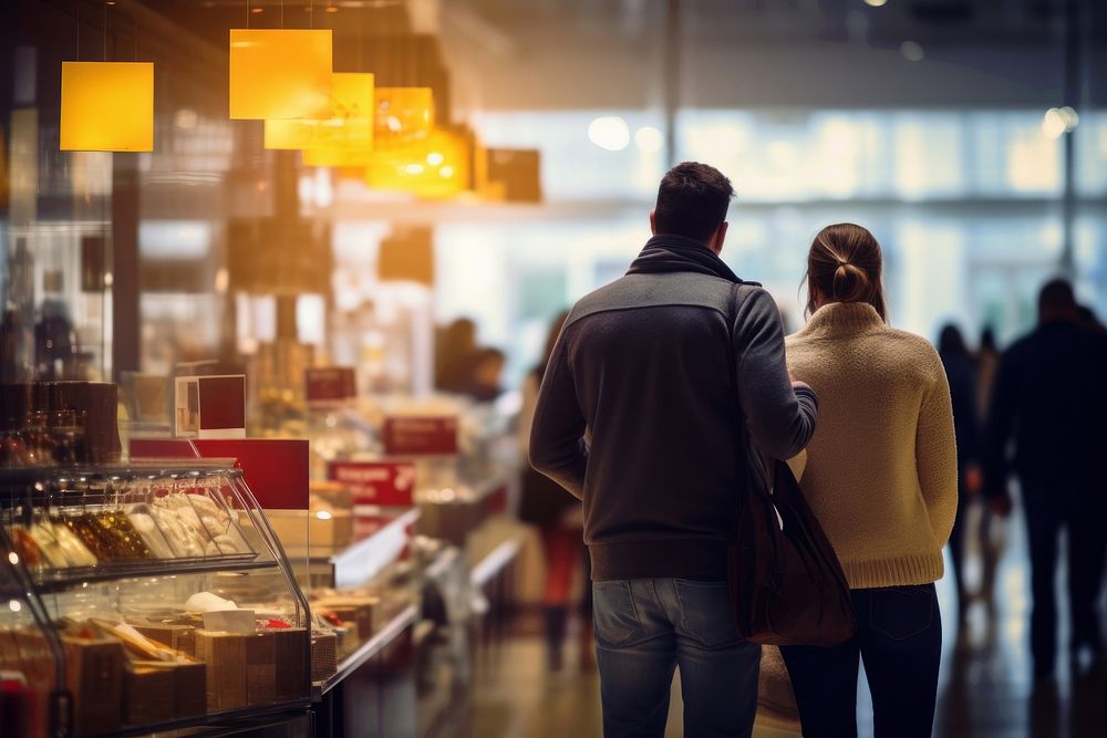 A couple choosing discounted food shopping walking store. 