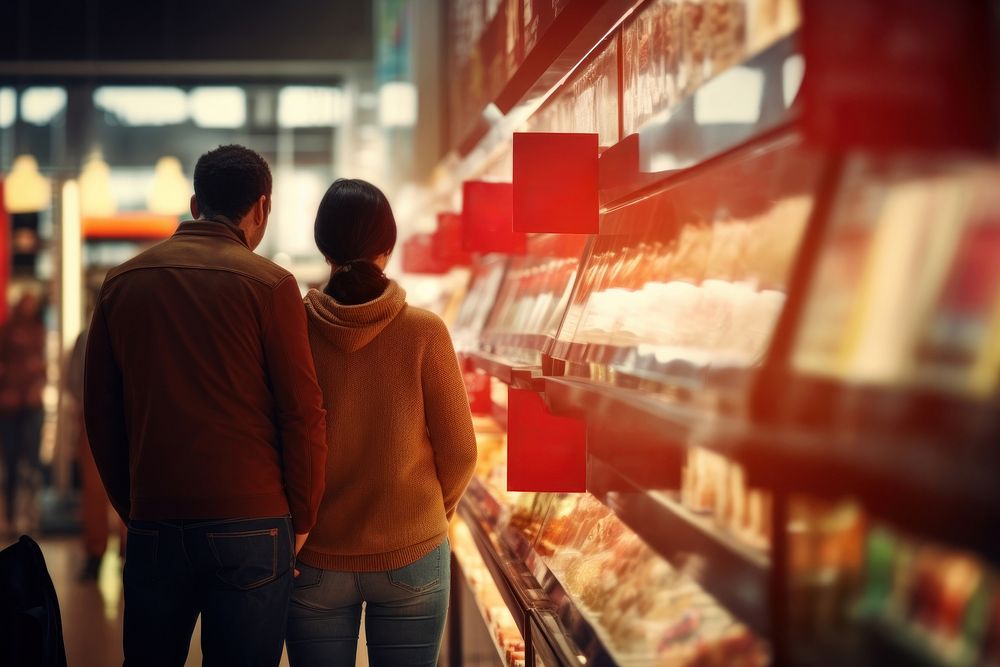 A couple choosing discounted food supermarket shopping store. AI generated Image by rawpixel.
