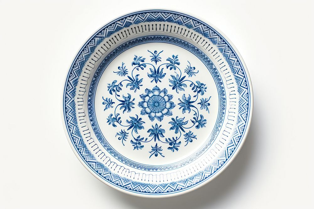 A white dinner plate porcelain pattern blue. AI generated Image by rawpixel.