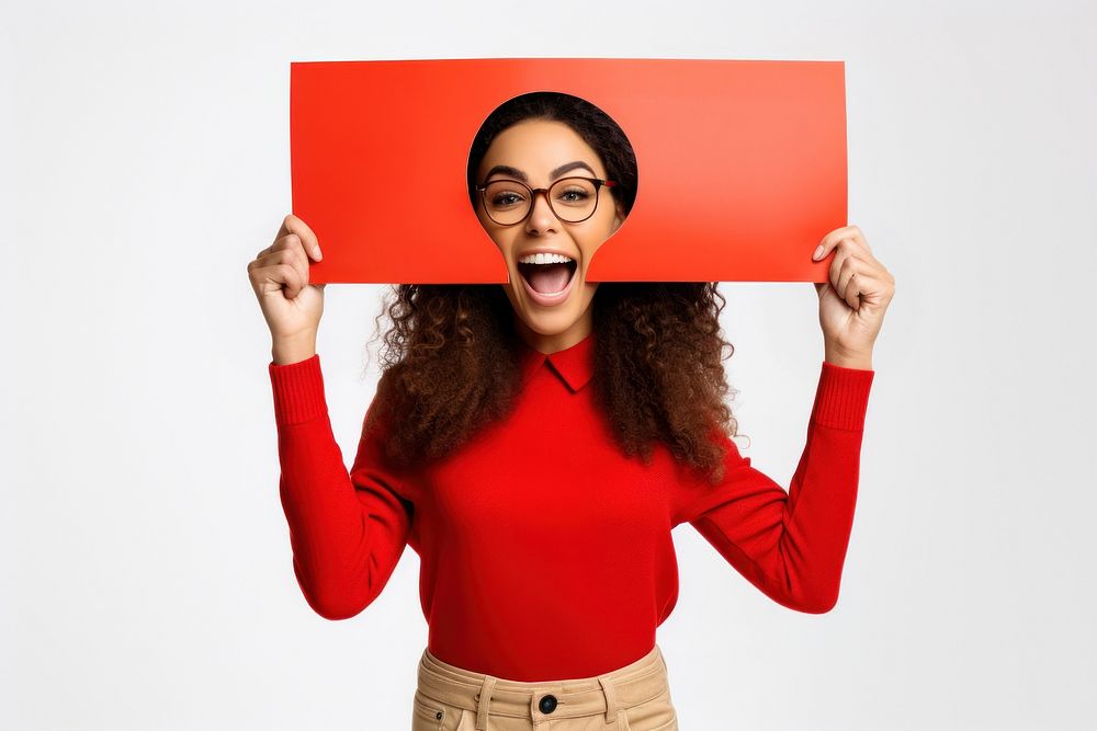 Woman holding a Sale banner glasses adult happy. 