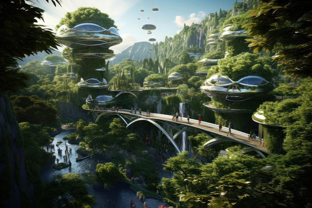 Futuristic city forest nature architecture. AI generated Image by rawpixel.