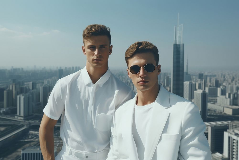 Two man wearing minimal white outfit portrait architecture sunglasses. AI generated Image by rawpixel.