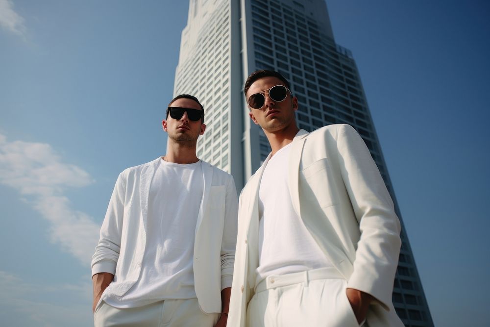 Two man wearing minimal white outfit architecture sunglasses skyscraper. 