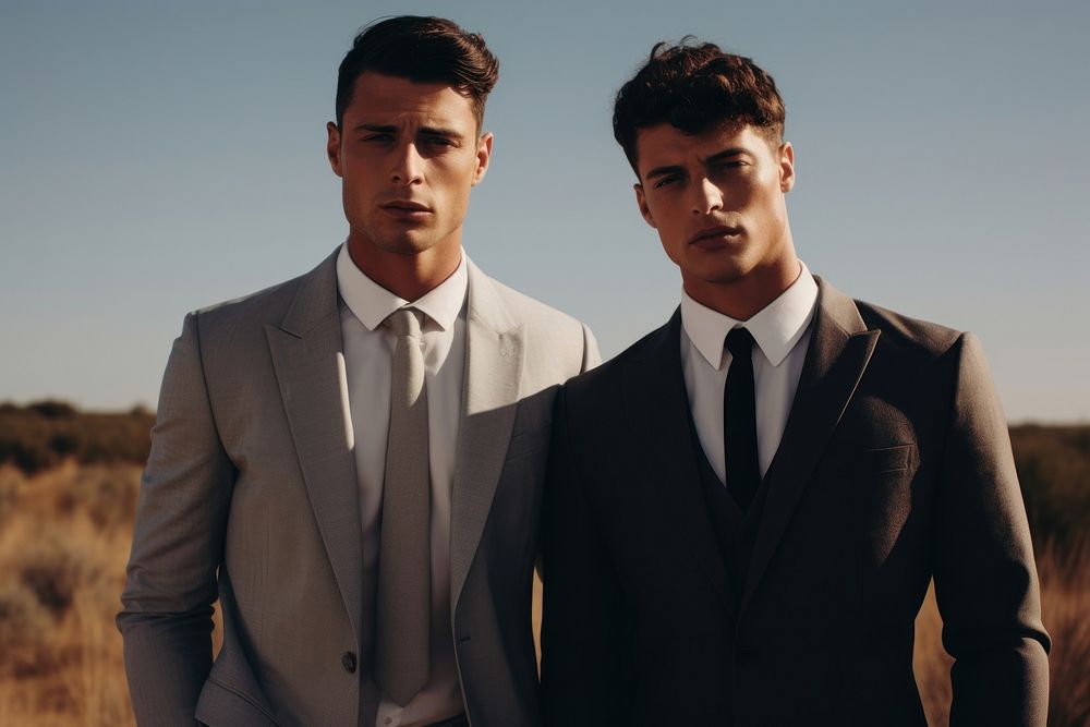 Two men wearing formal style portrait outdoors fashion. 