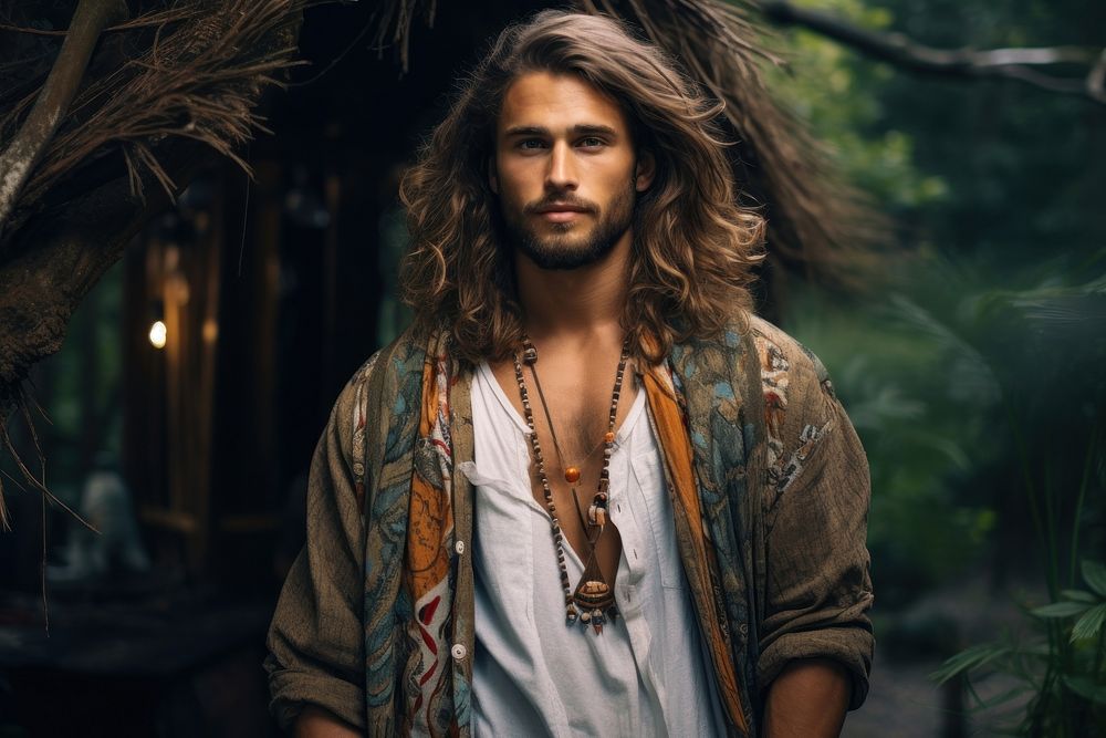 Man wearing boho style outfit portrait forest photo. AI generated Image by rawpixel.