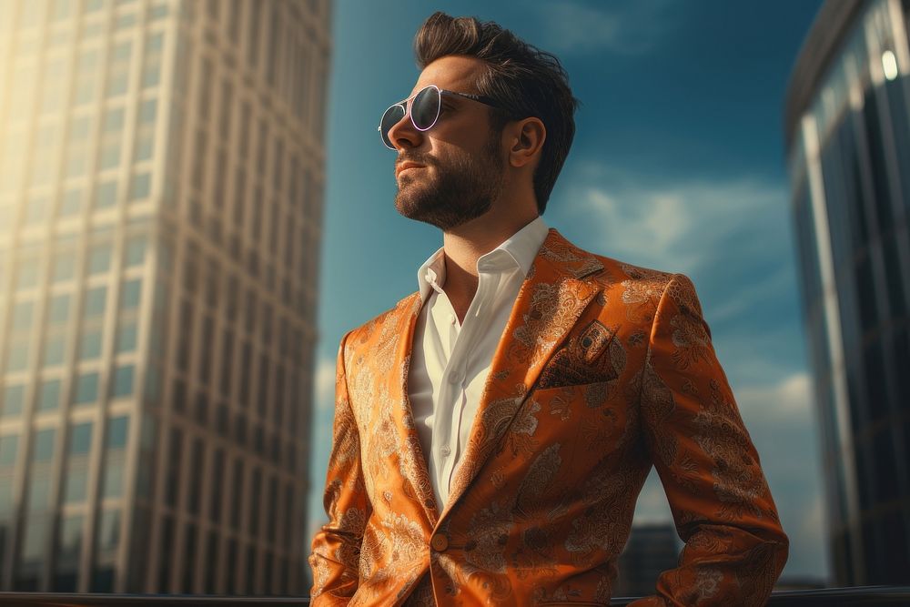 Fashionable man wearing reto style outfit portrait sunglasses blazer. 