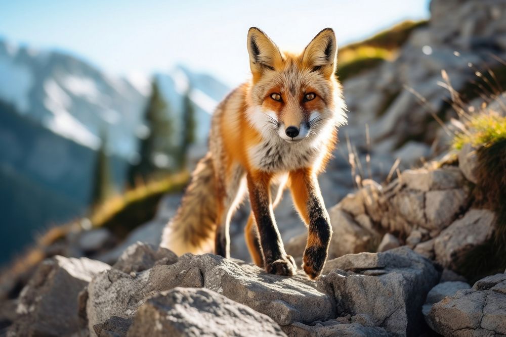 Fox rock wildlife mountain. AI generated Image by rawpixel.