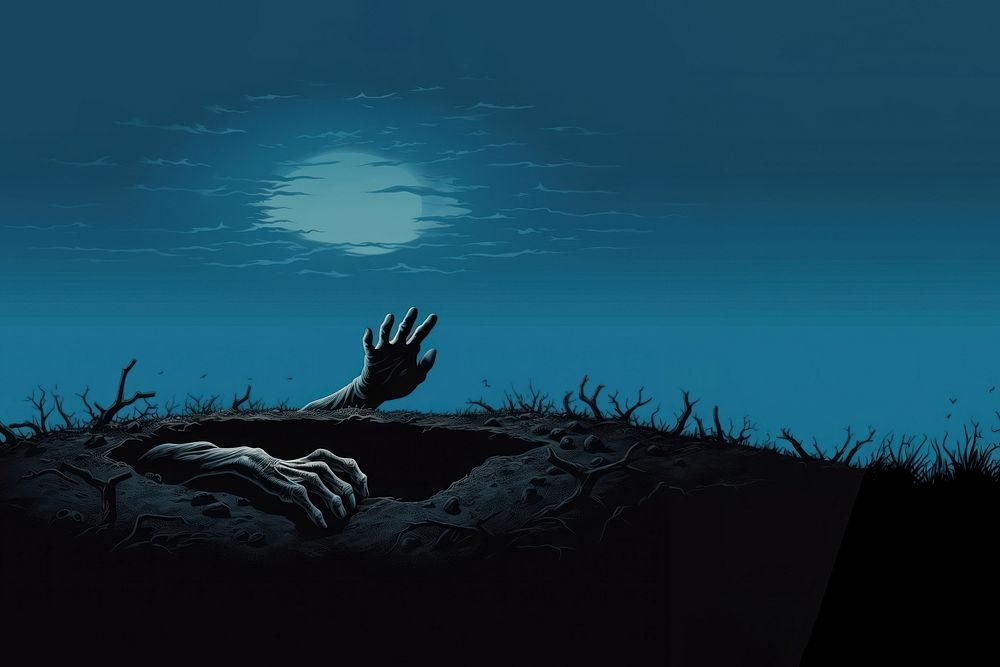 the aesthetic illustration of the hand come out of the grave at night.  