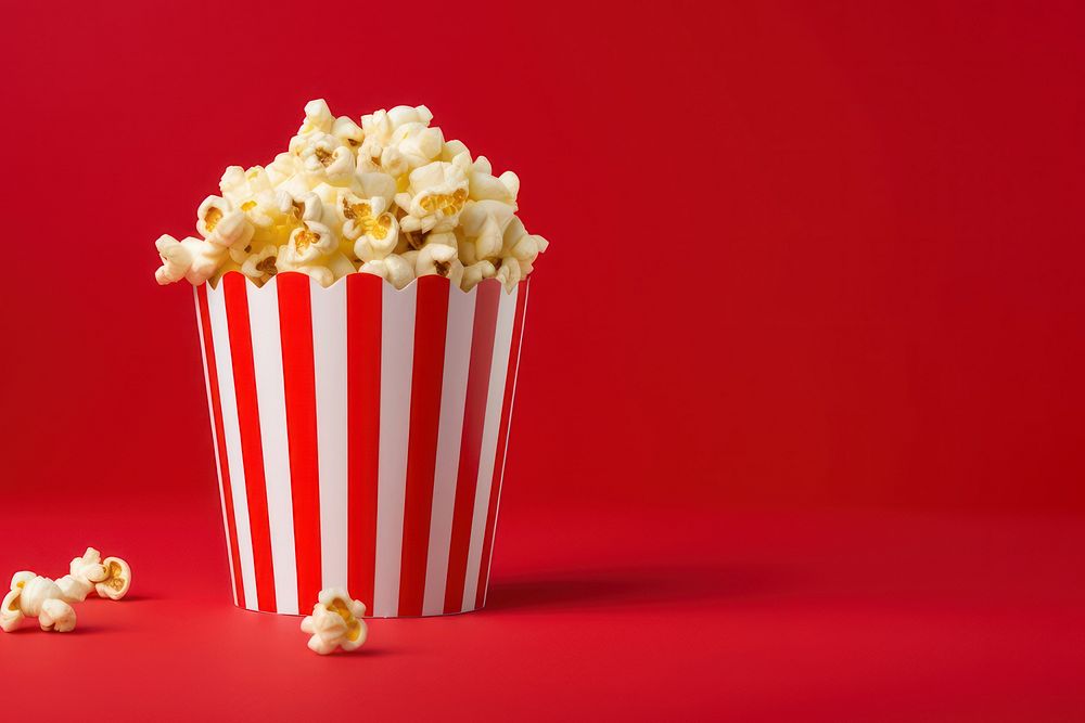 a photograph of a striped box with popcorn isolated on solid color background.  