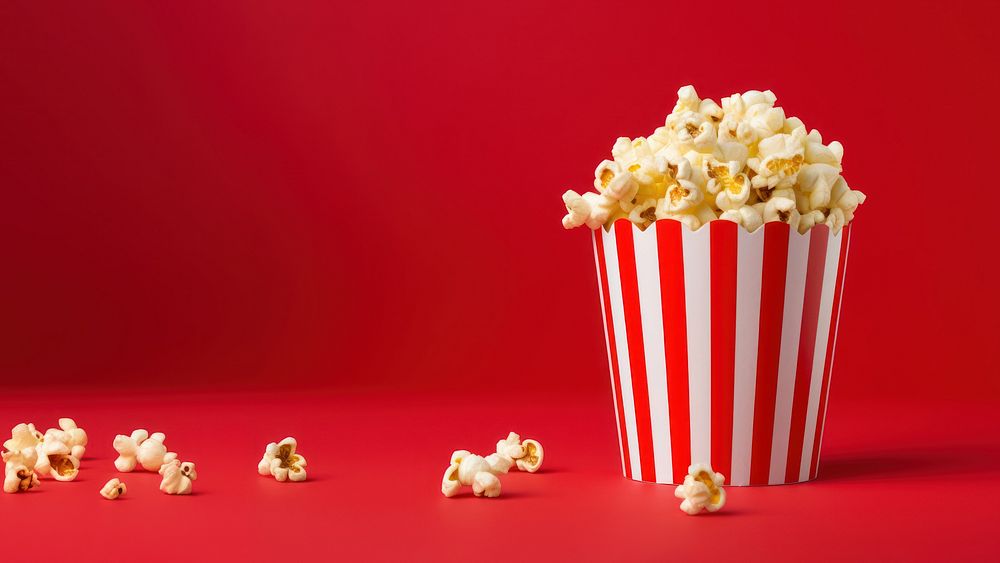 a photograph of a striped box with popcorn isolated on solid color background.  