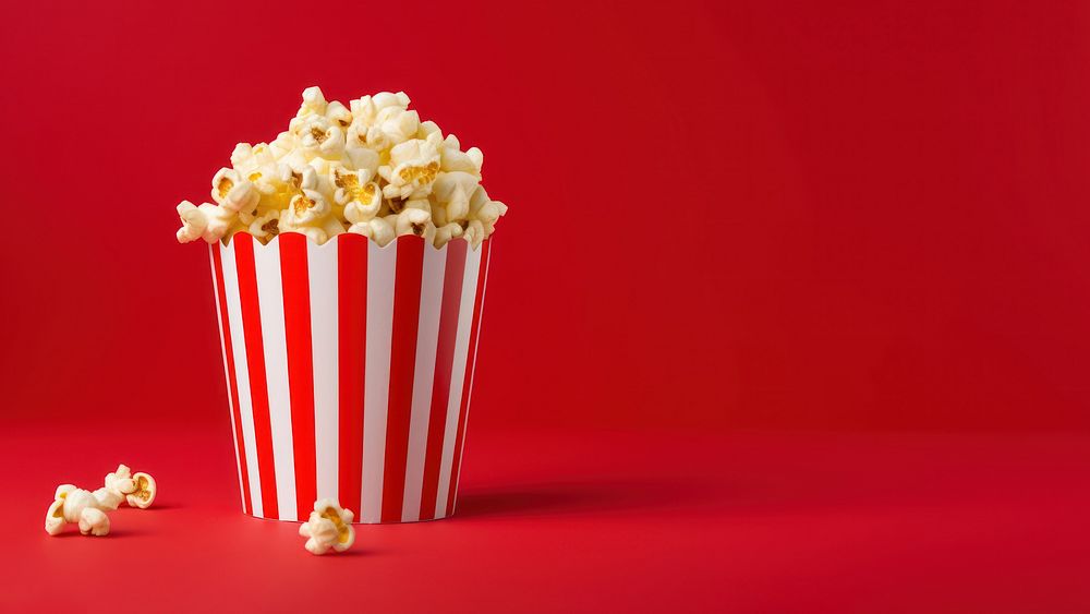 a photograph of a striped box with popcorn isolated on solid color background.  