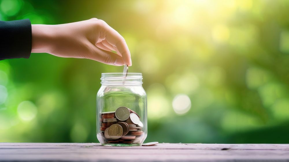 Photo of hand putting Coins in glass jar for giving and donation concept.  