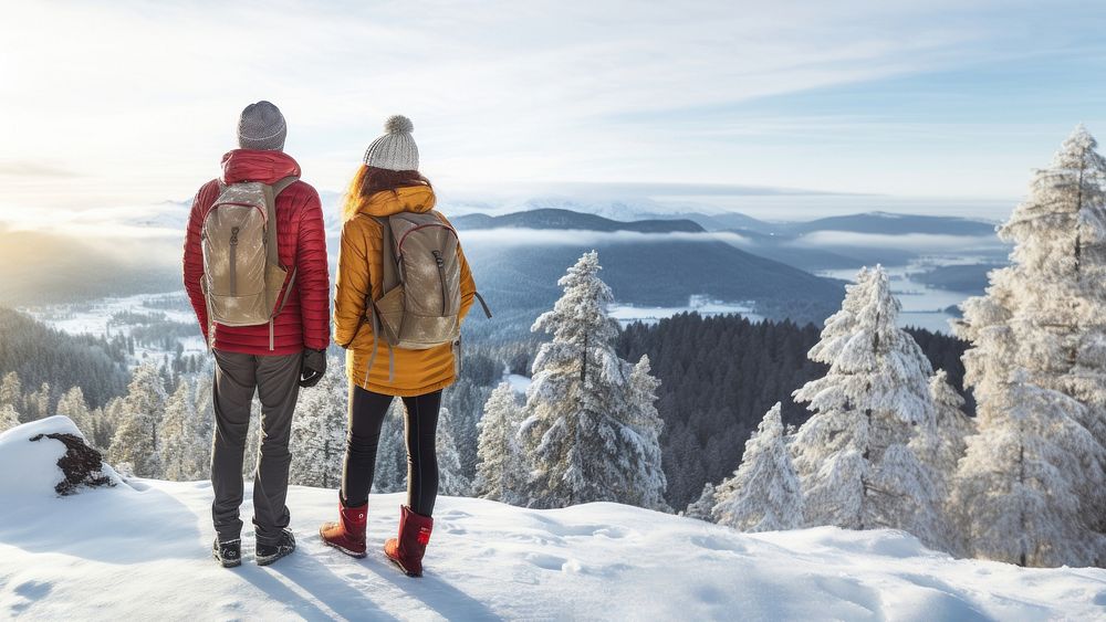 Rear of a Couple hikers with beautiful winter scene.  