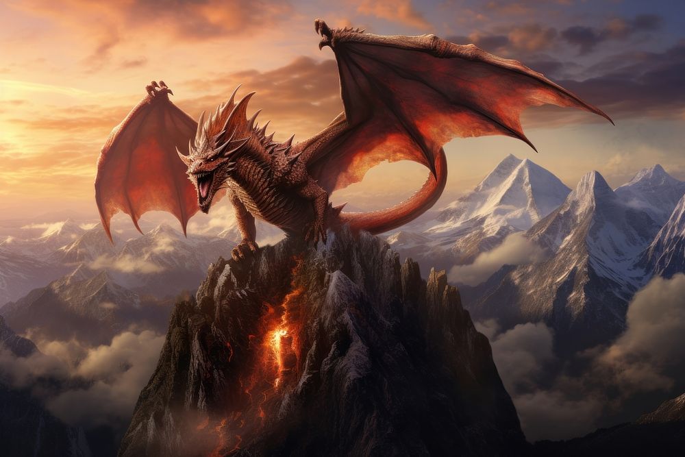 Fire breathing dragon mountain screenshot landscape. AI generated Image by rawpixel.