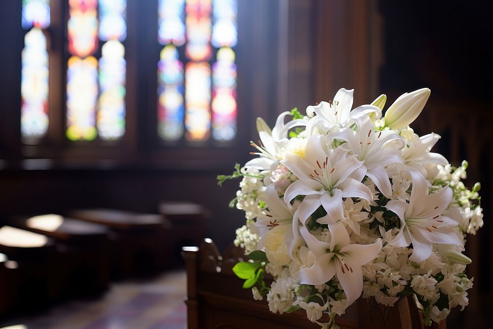 White flower bouquet inside church plant spirituality architecture. AI generated Image by rawpixel.
