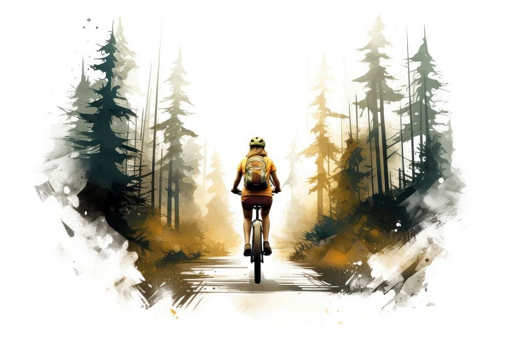 Woman biking forest trail outdoors bicycle vehicle. AI generated Image by rawpixel.