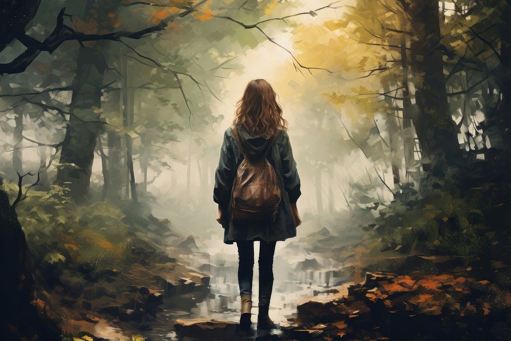Woman exploring forest outdoors woodland walking. AI generated Image by rawpixel.