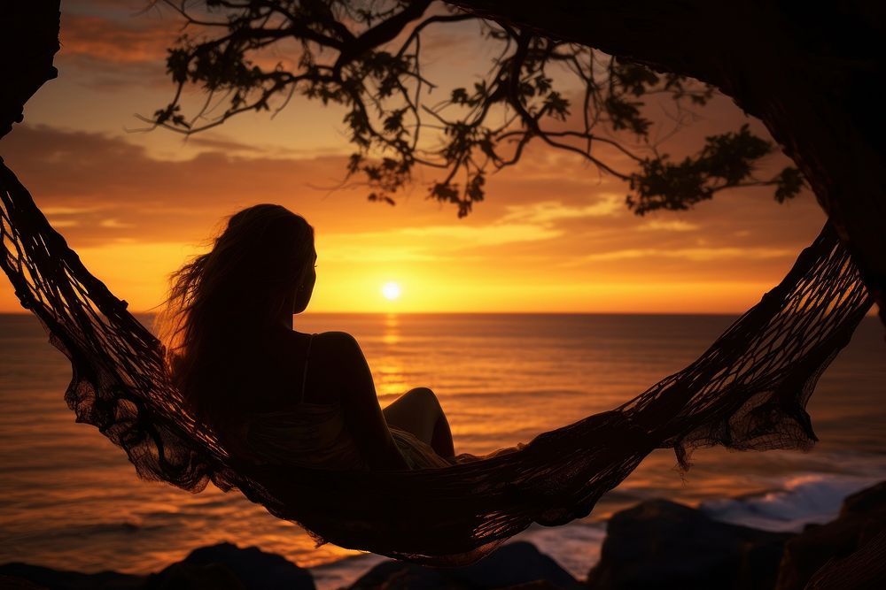 Sea outdoors hammock sunset. AI generated Image by rawpixel.