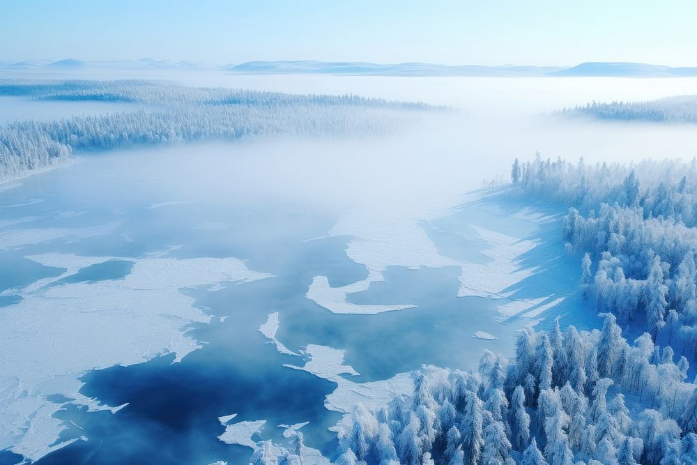 Frozen lakes fog outdoors nature forest. AI generated Image by rawpixel.