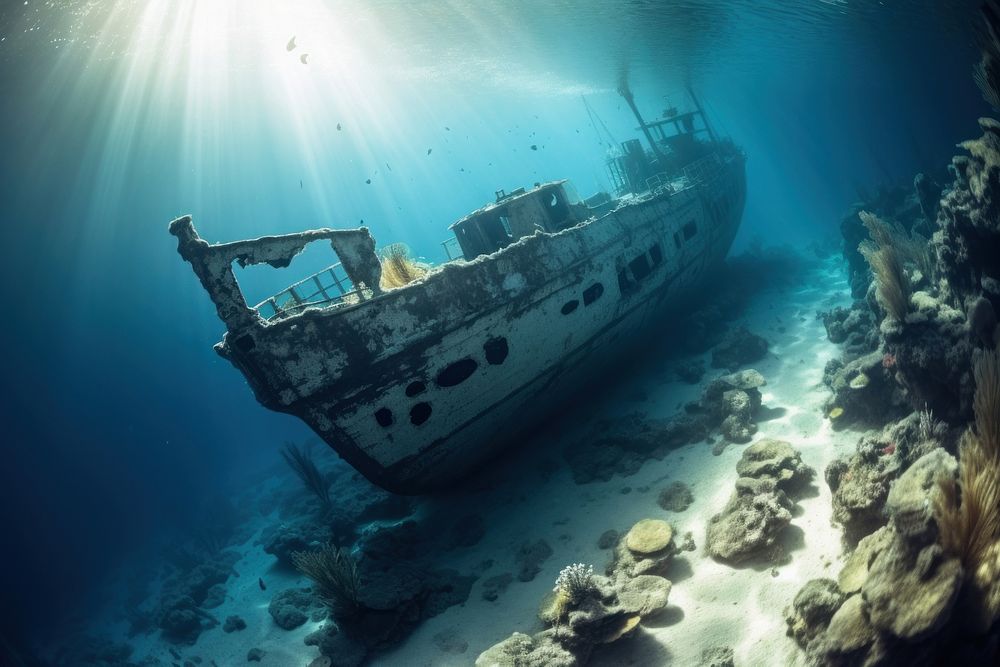 Shipwreck underwater outdoors vehicle. AI generated Image by rawpixel.