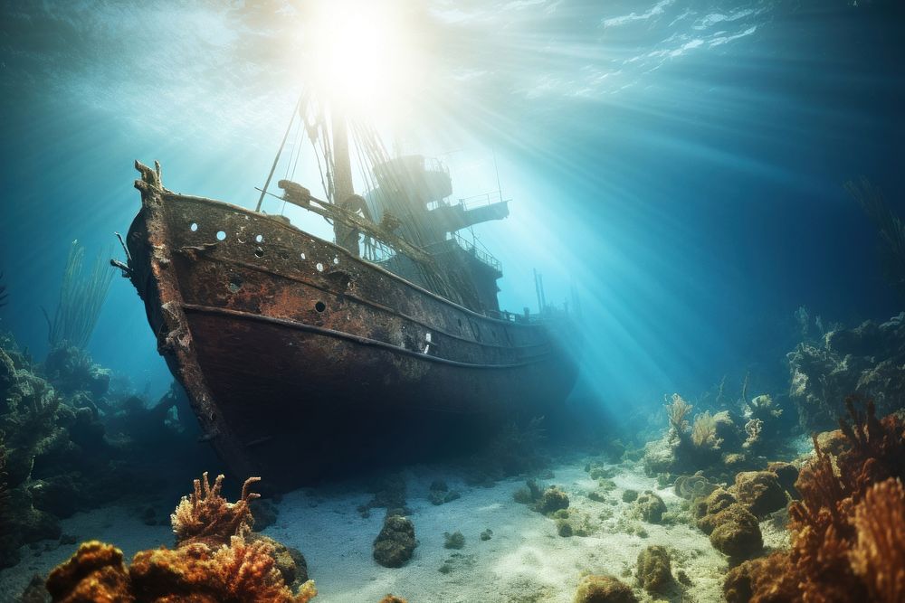 Shipwreck underwater outdoors vehicle. AI generated Image by rawpixel.