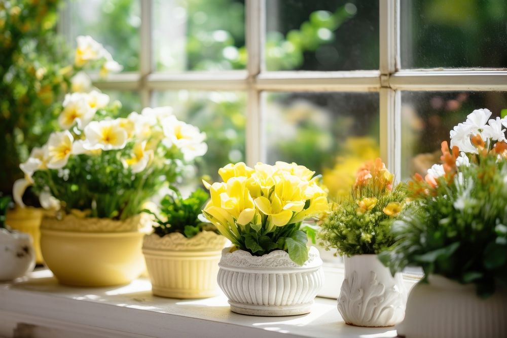 Flower shop plant windowsill arrangement. AI generated Image by rawpixel.