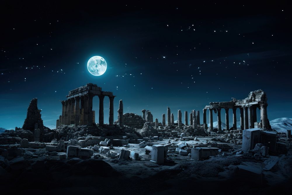 Ancient ruins night architecture astronomy. AI generated Image by rawpixel.