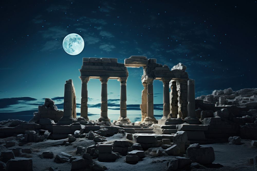 Ancient ruins night architecture astronomy. AI generated Image by rawpixel.
