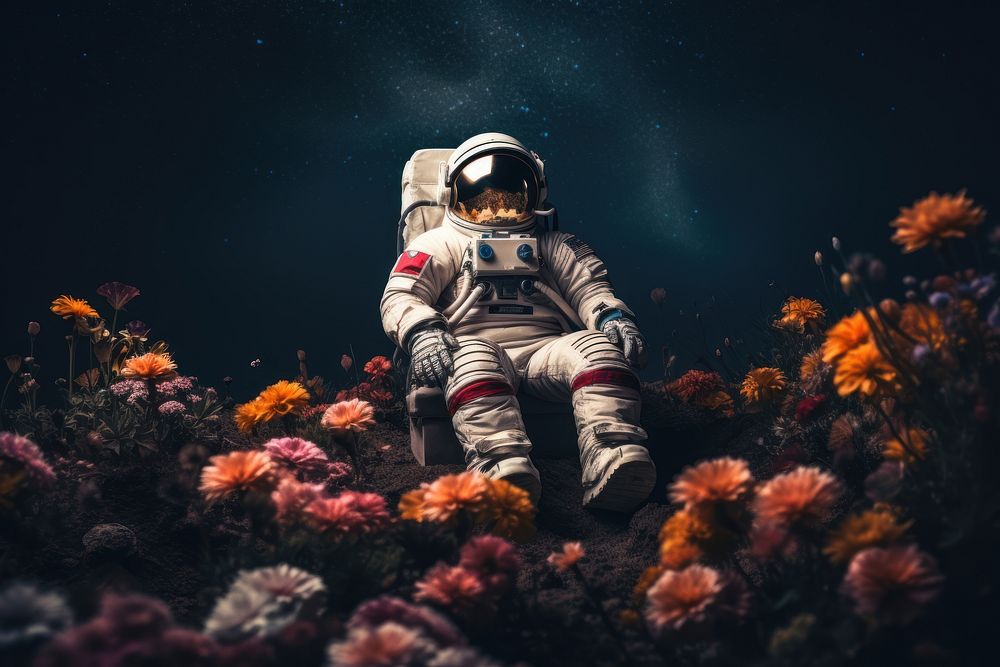 Astronaut outdoors nature flower. AI generated Image by rawpixel.