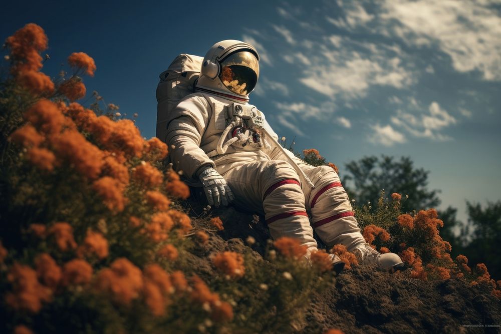 Astronaut outdoors nature flower. AI generated Image by rawpixel.