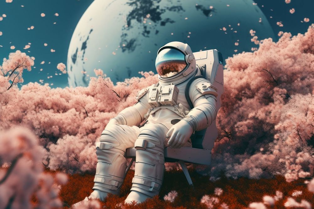 Astronaut fantasy sitting flower. AI generated Image by rawpixel.