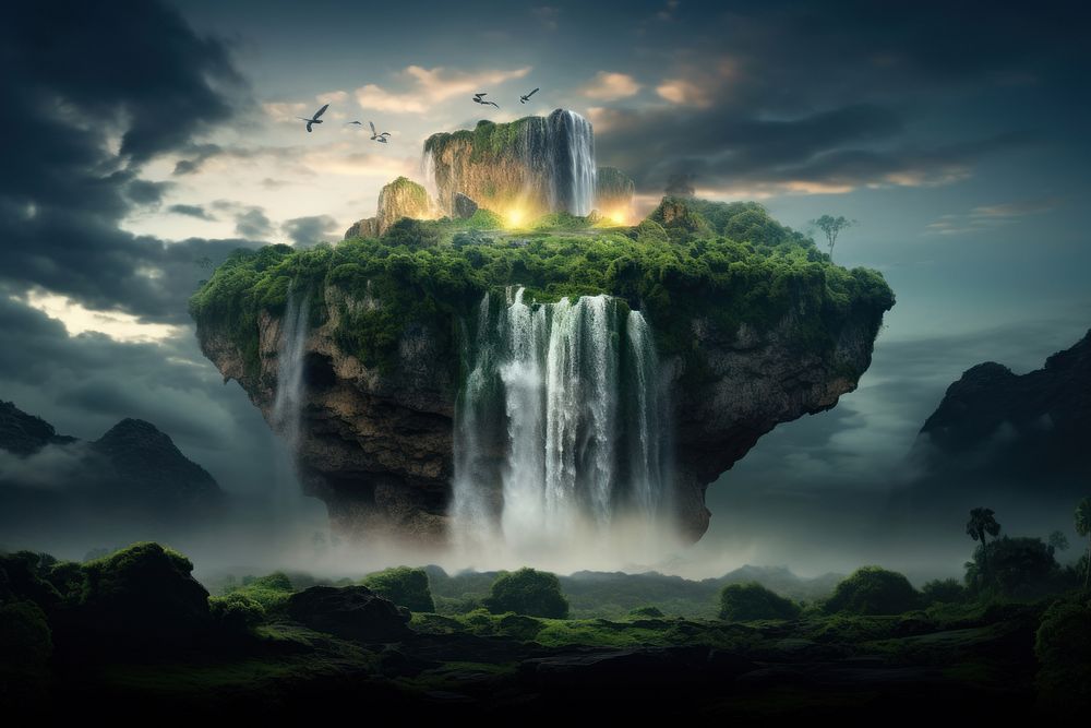 Waterfall land sky landscape. AI generated Image by rawpixel.