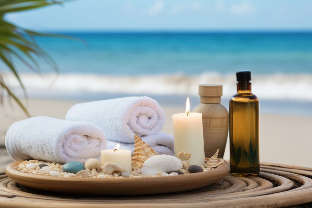 Spa skincare treatments beach background bottle tranquility relaxation. AI generated Image by rawpixel.