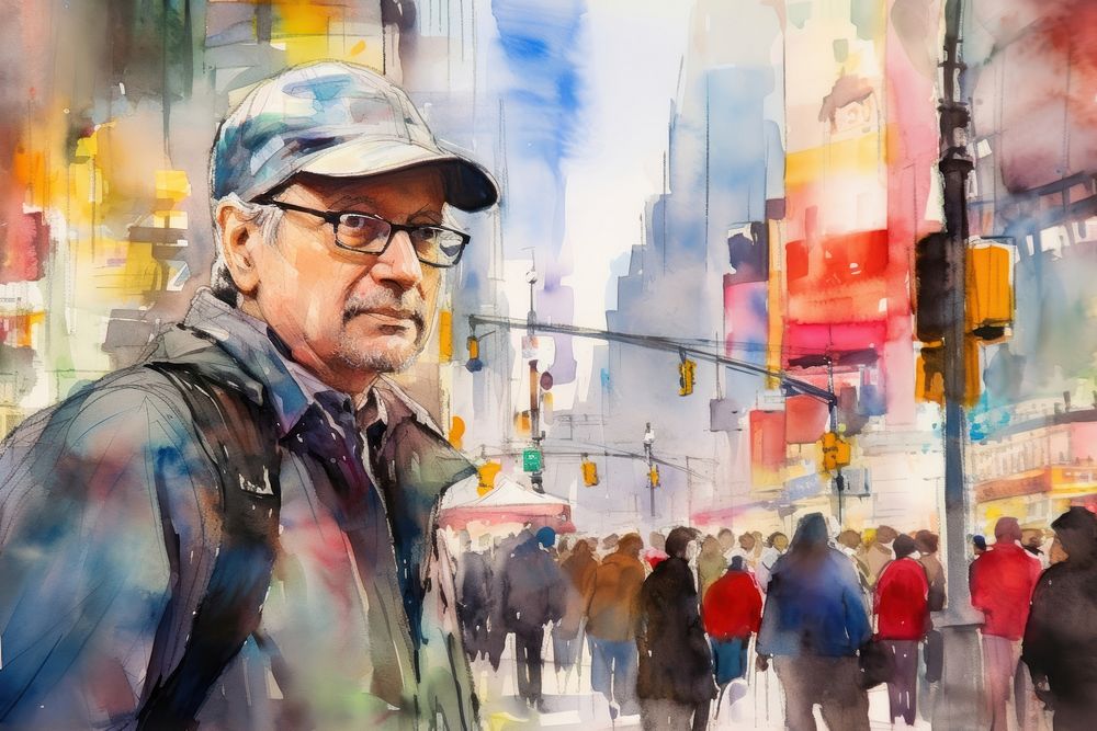 Painting portrait glasses street. AI generated Image by rawpixel.