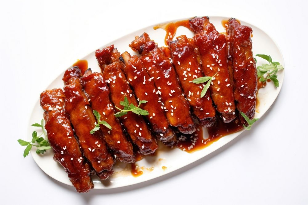 Pork ribs racks sauce food condiment. 