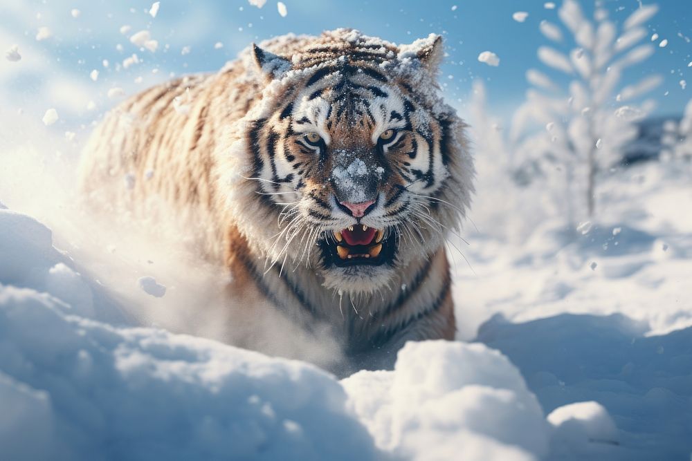 Snow wild tiger nature wildlife. AI generated Image by rawpixel.