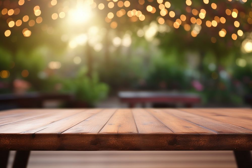 Fuzzy outdoor background Wooden table outdoors wood. AI generated Image by rawpixel.