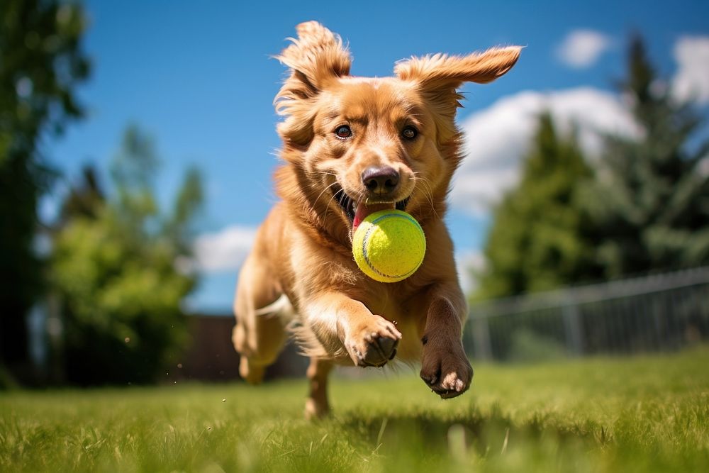 A dog catches a rubber ball outdoors mammal animal. 