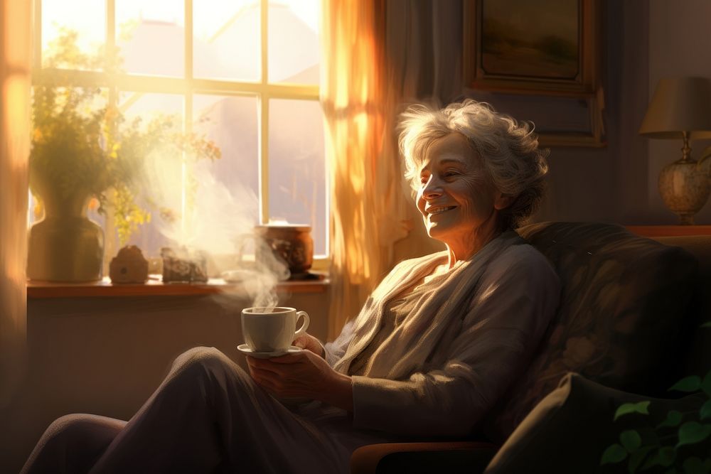 Old woman cup armchair sitting. AI generated Image by rawpixel.