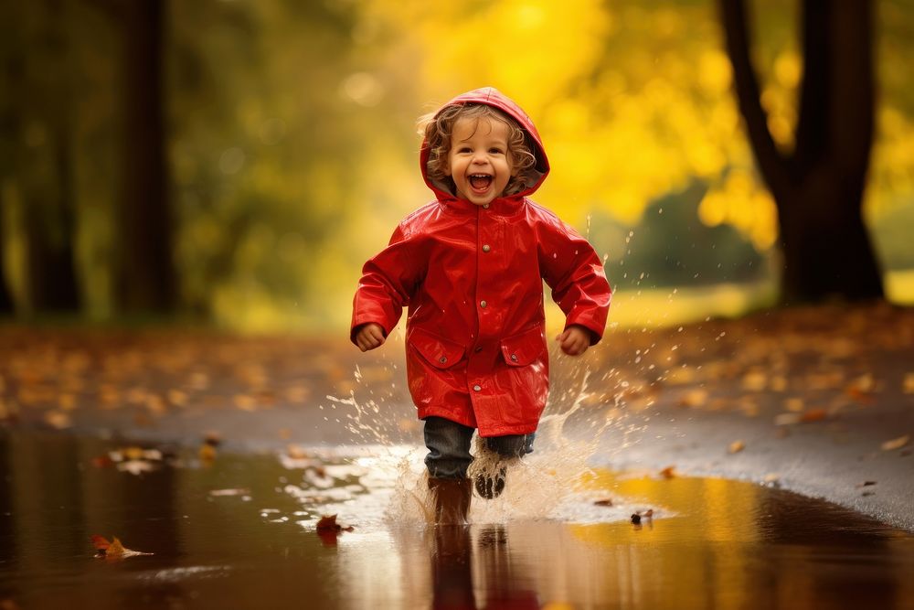 Fun raincoat running autumn. AI generated Image by rawpixel.