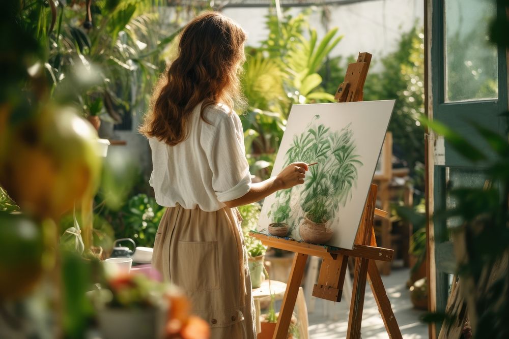 A young woman painting outdoors organic easel. AI generated Image by rawpixel.