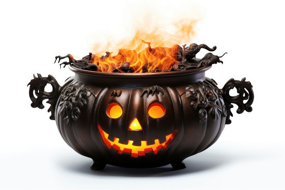 Halloween cauldron fire anthropomorphic jack-o'-lantern. AI generated Image by rawpixel.