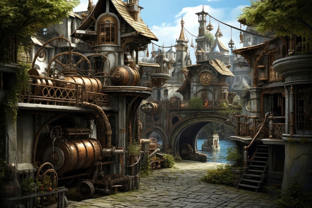 Steampunk fantasy architecture building outdoors. AI generated Image by rawpixel.