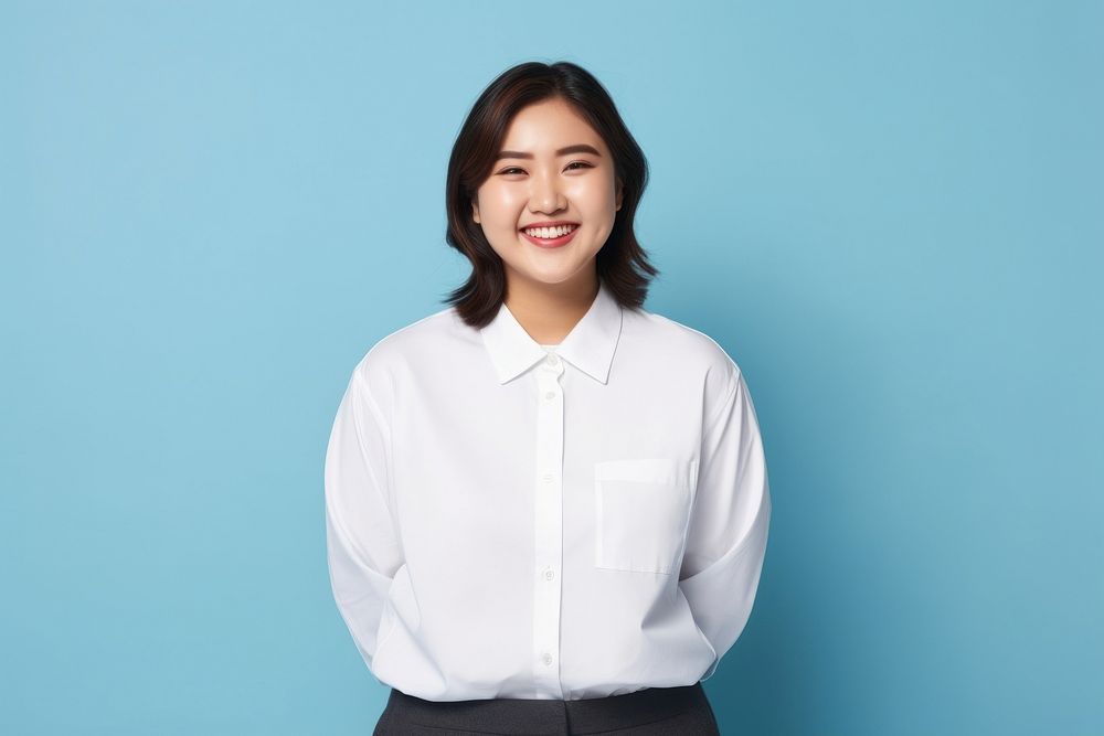 Chubby teen half-asian woman smile blouse adult. 